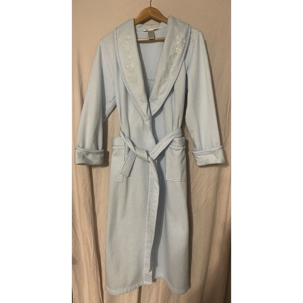 Jasmine Rose Blue Long Wrap Robe Medium Embroidered Flowers Belt Cottagecore